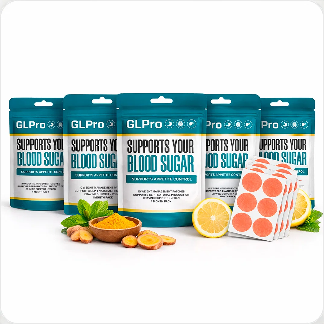 GLPro Patch packages shown with an individual patch and natural ingredients